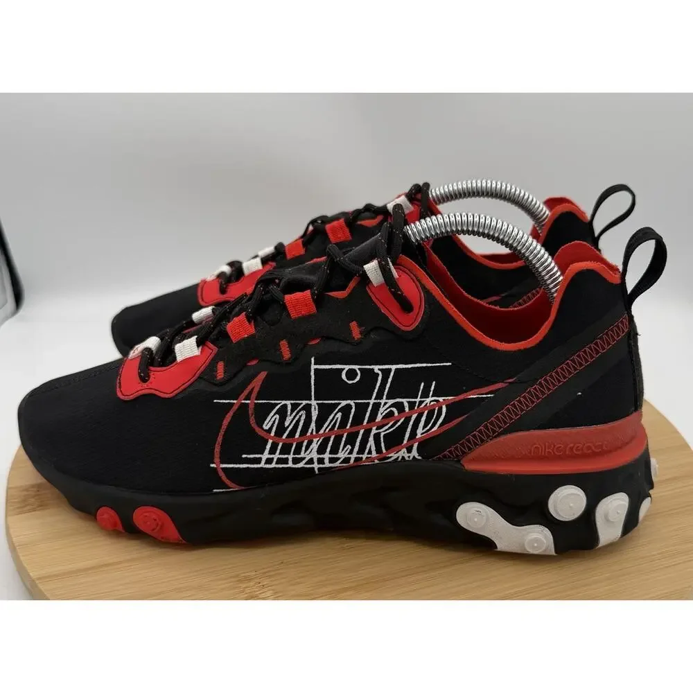 Nike React Element 55 Script Swoosh Mens Size 8.5 Athletic Sneakers Black Red